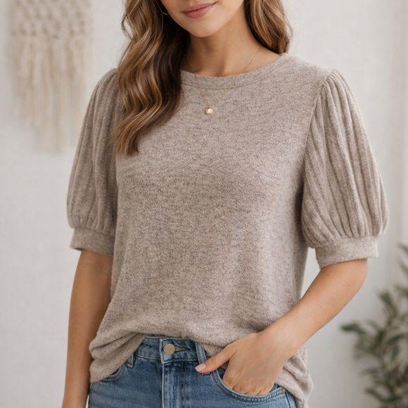 Automet Sweaters - Crew Neck Puff Sleeve Sweater Top in Taupe